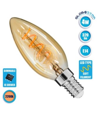 GLOBOSTAR® CANDLE 99133 Λάμπα Κεράκι E14 C35 LED 4W 320lm 360° AC 220-240V IP20 Ultra Θερμό Λευκό 2200K Dimmable - Soft S Spiral Filament Chip - Μελί - Μ3.5 x Π3.5 x Υ9.8cm - 3 Χρόνια Εγγύηση